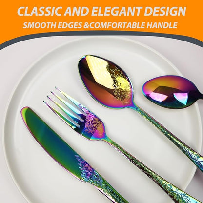 Runfly Modern Carved Floral Rainbow Stainless Steel 20-Piece Flatware Set | - Image 3