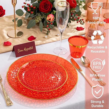 Rubtlamp 700Pcs Red Gold Plastic Dinnerware Set, Hammered Red Gold Plates - Image 3