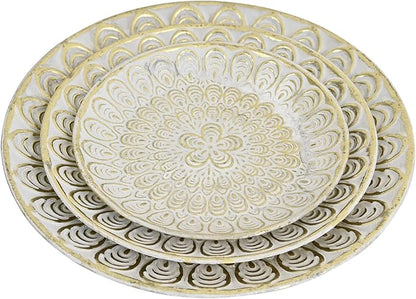Rustic Round Decorative Tray Set of 3 Vintage Hammered Metal Trays Distressed Design Circle Candle Plate for Candle Coffee Entryway Table Kitchen Bathroom Wedding Party Counter Organizer Decor (White)