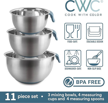 COOK WITH COLOR Stainless Steel Mixing Bowls Set and Measuring Cups- Nesting Bowls with Non-Slip Bottom and Easy-Grip Handles, Blue, 11 Pieces