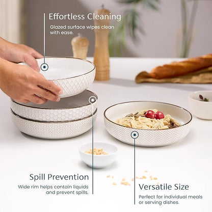 KooK Pasta Bowls, Ceramic, Embossed Serving Bowls For Stews and Salads, Large Capacity, Microwave & Dishwasher Safe, Ivory with Dark Copper Accents, Set of 4, 40 oz, Narbonne Collection