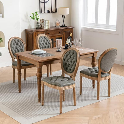 Vintage French Dining Chairs Set of 6, Round Back PU Leather Upholstered Side Chairs with Nailhead Trim and Solid Wood Frame, Sillas de Comedor for Dining Room & Kitchen, Olive Green