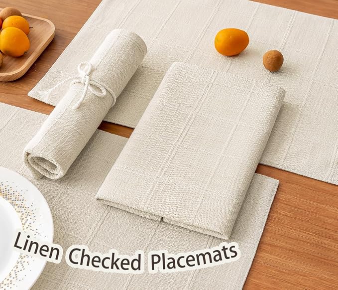 Linen Checked Placemats Set of 4, Ivory Rustic Place Mats 12x18 Inch | Raised - Image 4