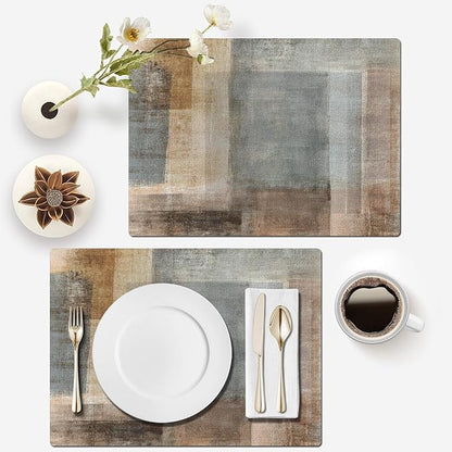 Mcalk Brown Table Runner and Placemats Set of 6, Abstract Grey Placemats, Modern Art Cloth Place Mats Indoor for Kitchen,Washable Linen Material for Dining Table