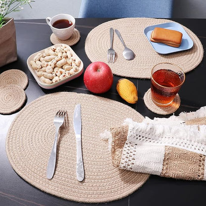 Jute Woven Oval Placemats Set of 6, Brown Plate Charger 12x16 inches Jute Heat Resistant Non-Slip Weave Place mats Farmhouse Straw Braided Rattan Tablemats Wicker Placemats for Dining Table
