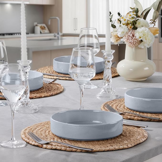 E-far Pasta Bowls Set of 6, 35 oz Large Stoneware Bowl Plates | Shallow & Wide - Image 5