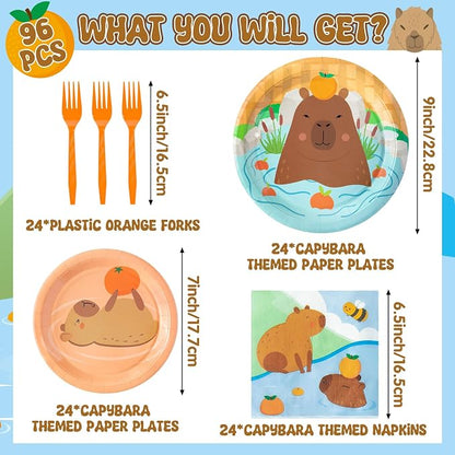96Pcs Capybara Cute Cartoon Animal Orange Party Plates Supplies Tableware - Image 2