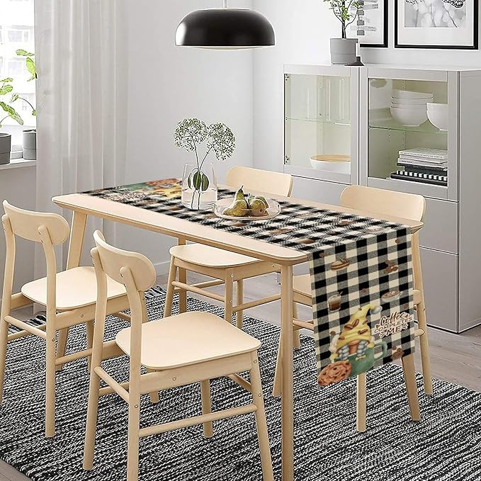 Coffee Time Table Runner, Rustic Black White Plaid Buffalo Gnome Coffee Theme - Image 3