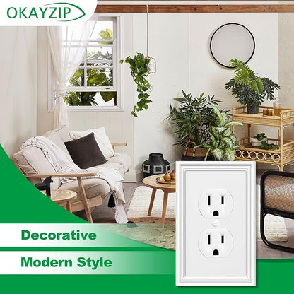 White Decorative Outlet Covers Wall Plates, Natural Material Electric Receptacle Cover Switch Plate Outlet Cover - Modern Style (1 Gang Single Duplex 4 Pack)