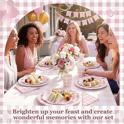 Funnymoom 250 Pcs Pink Gingham Paper Plates and Napkins Party Supplies Pink - Image 5