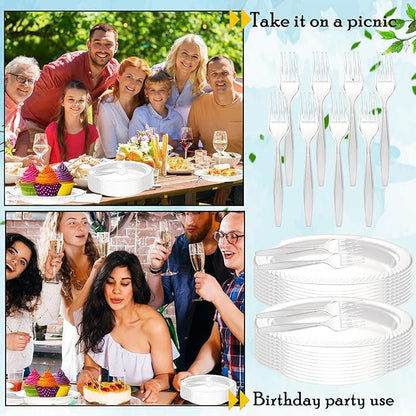 800 Pcs Clear Plastic Dessert Plates with Forks Include 400 Disposable Appetizer 6 Inch Plates 400 Plastic Forks Round Cake Salad Bulk Serve 400 Guests for Christmas New Year Wedding Birthday Party
