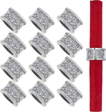 SHYFOY Silver Diamond Napkin Ring Set of 12 Pieces, Crystal Glass Framed Napkin Holder Ring, Dinning Cloth Decor for Dinner Party Tabletop Settings Glam Serviette Buckles Home Decor