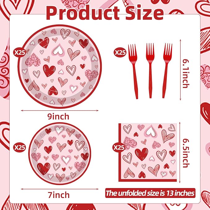100 Pcs Valentine’s Day Heart Tableware Party Supplies Set, Serves 25 – - Image 2