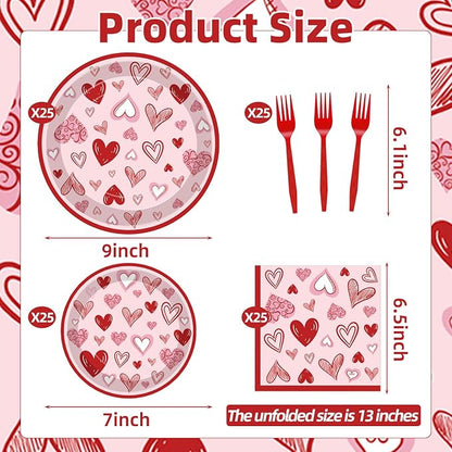 100 Pcs Valentine’s Day Heart Tableware Party Supplies Set, Serves 25 – - Image 2