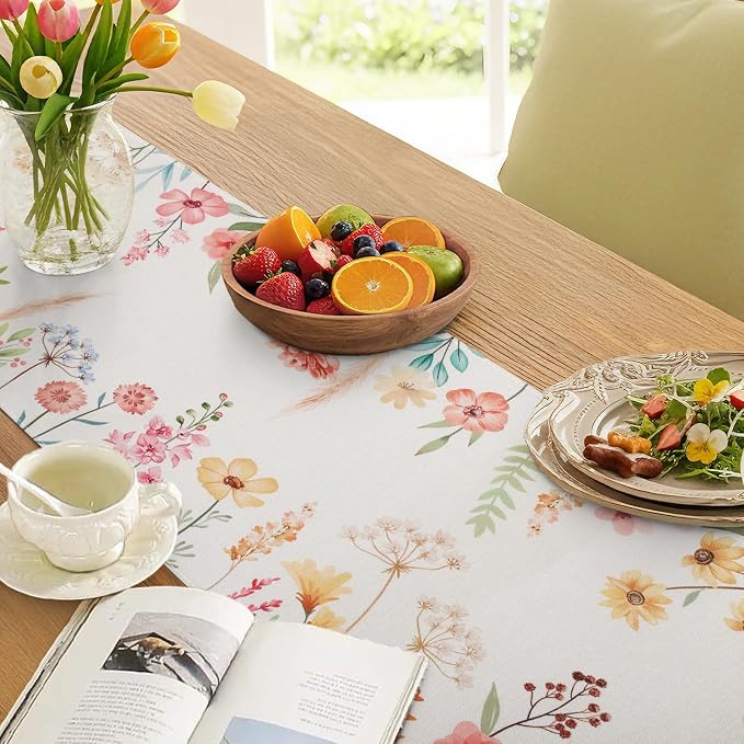 Bonhause Spring Floral Table Runner 13x90 Inch Pink Flowers Green Leaves - Image 5
