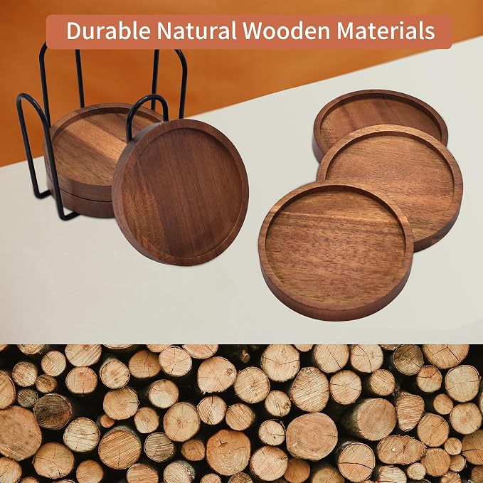 Wood Drink Coasters with Holder, Natural Absorbent Wooden Coasters - Image 9