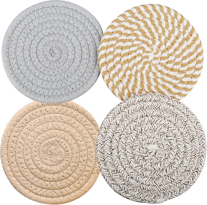 4.8 Inch Woven Drink Coasters Set of 4, Thick Absorbent Coasters, Boho Cotton by HIYALOT