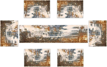 Rust Table Runner and Place Mats Set of 6 Abstract Blue and Brown Metal Steel - Image 2