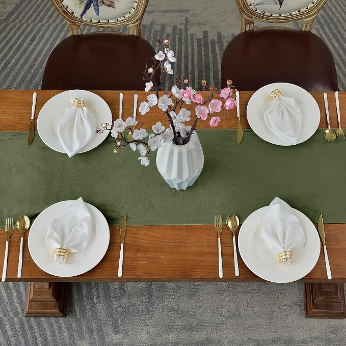 BALCONY & FALCON Table Runner Velvet Olive 14"x51" | Elegant, Fall Decor - Image 3