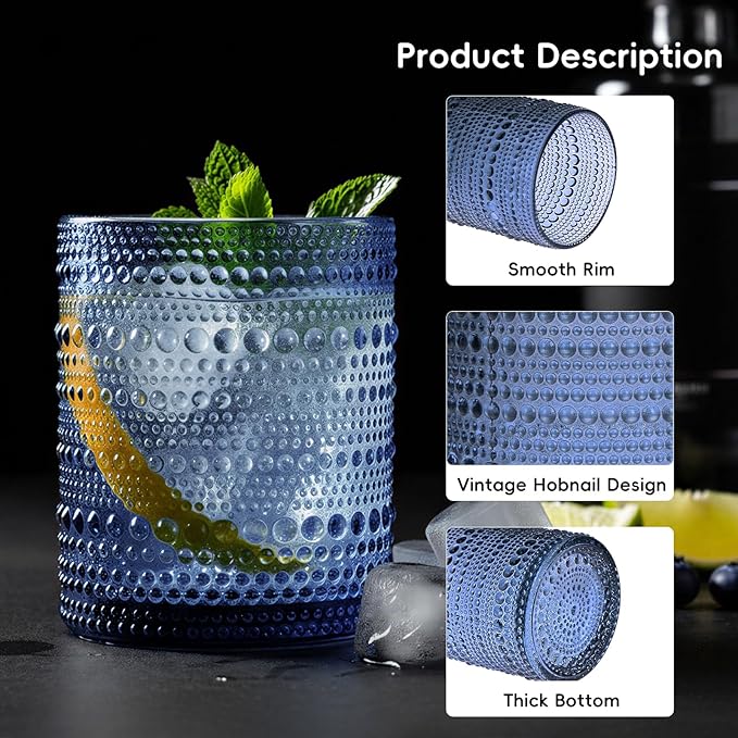 Moretoes Blue Hobnail Drinking Glasses Set of 16, Glass Cups | 12 Oz Highball - Image 5