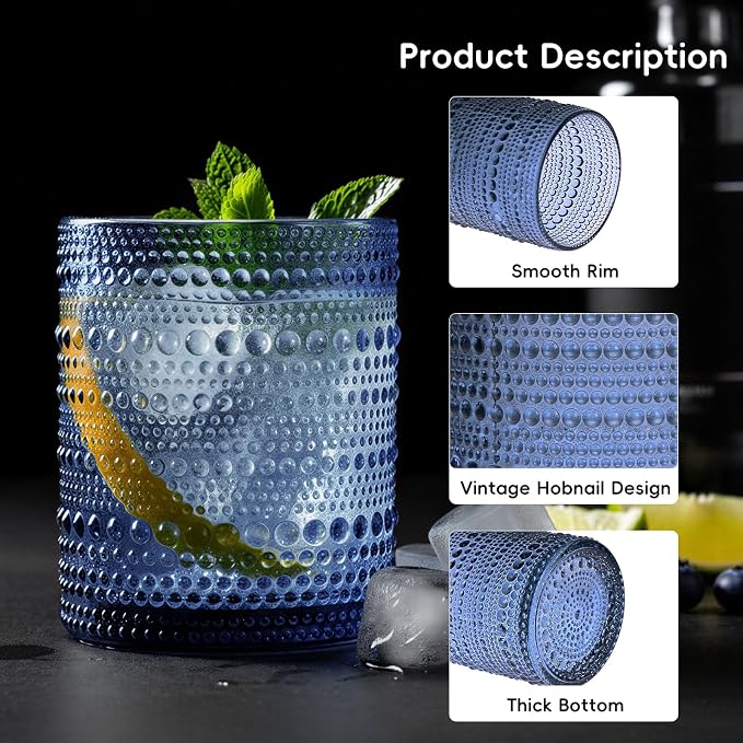 Moretoes 12 Pack Blue Hobnail Drinking Glasses, Vintage Water Glass Cups | - Image 5