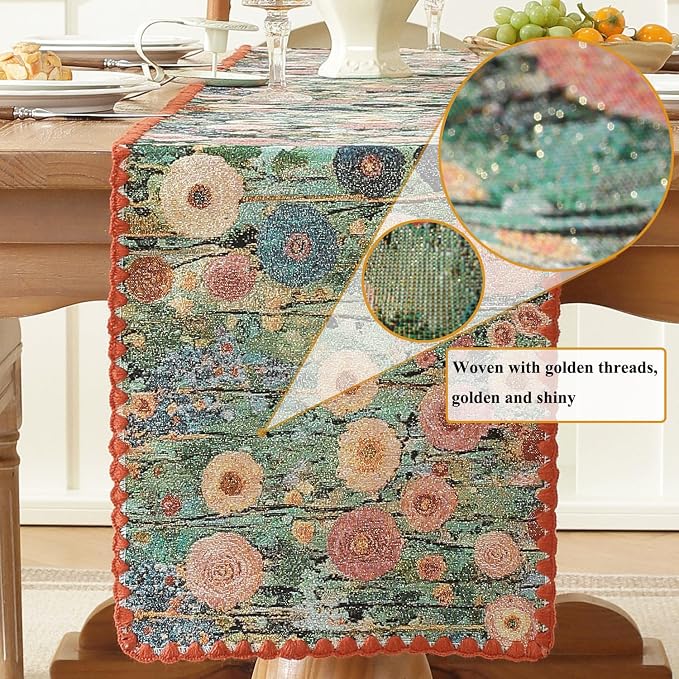 Monet Garden Style Peony Table Runner Terracotta 12 x 71 Inch | Floral Jacquard - Image 2
