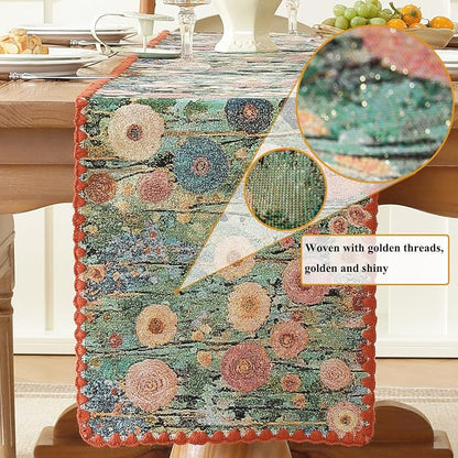 Monet Garden Style Peony Table Runner Terracotta 12 x 71 Inch | Floral Jacquard - Image 2