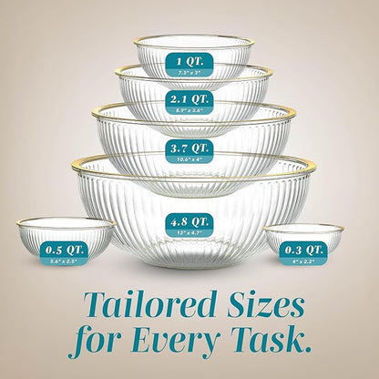 COOK WITH COLOR 12 Pc Glass Mixing Bowl Set with Lids – Borosilicate Glass Nesting Bowls for Cooking, Baking and Meal Prep, Fluted with Gold Rim