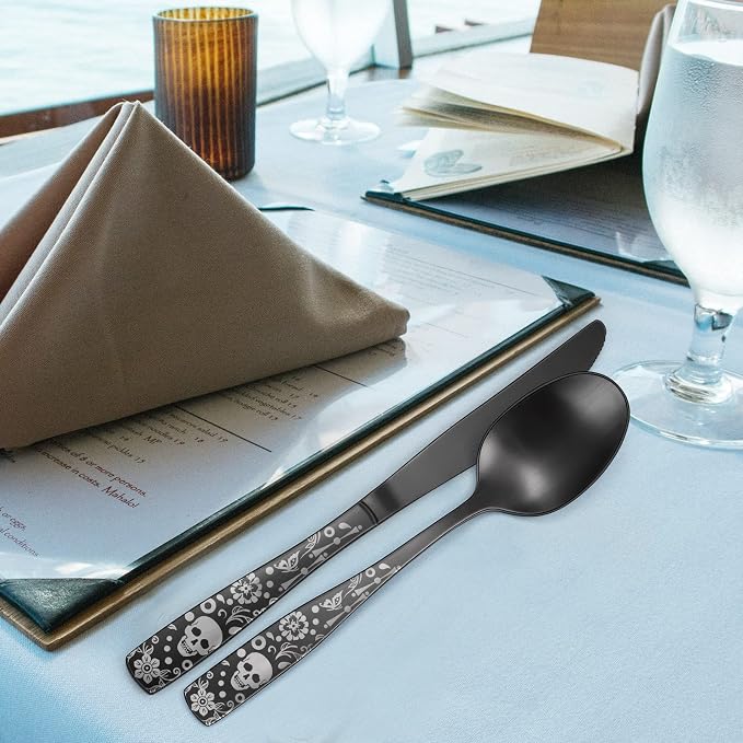 Pattern Matte Silverware Set for 8, 40 Piece Gothic Black Flatware set - Image 8