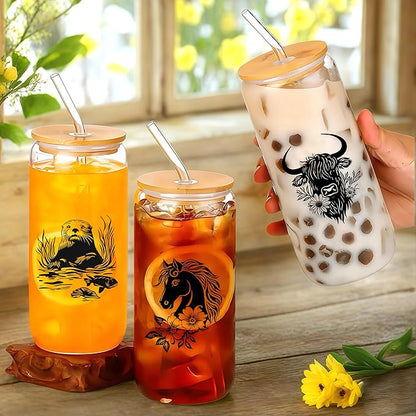 Cute Sea Otter Glass Cup With Lids And Straws, Sea Otter Gift For Women, Iced, Coffee, Smoothie, Cocktail, Beer, Whiskey, Soda, Matcha,16 Oz, Home Office Table Desk Decoration!