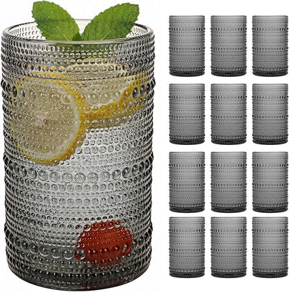 Moretoes 12 Pack 12 Oz Gray Hobnail Drinking Glasses Set, Water Glass Cups | by Moretoes