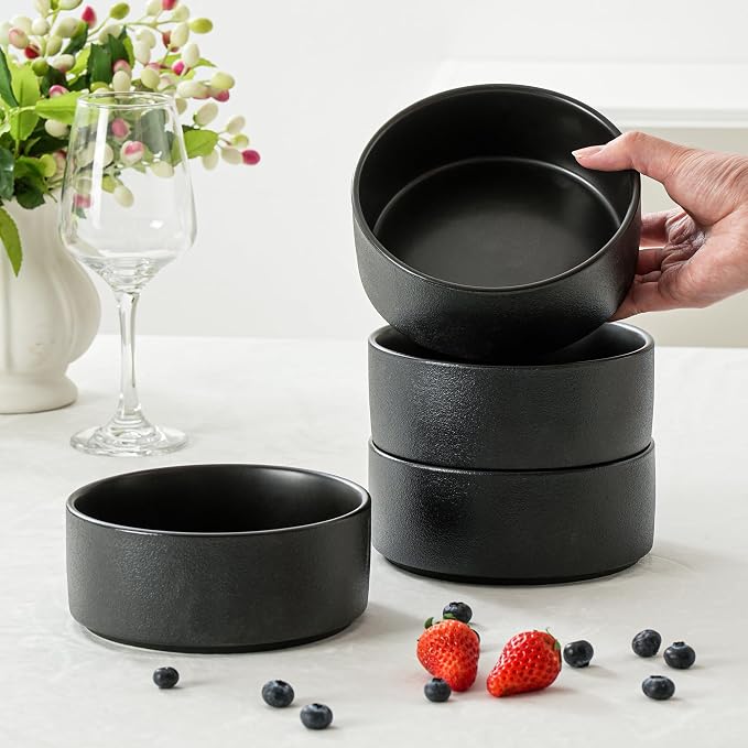 26 OZ Ceramic Cereal Bowls Set, 6 Inch, Modern Black | Dishwasher & Microwave - Image 2