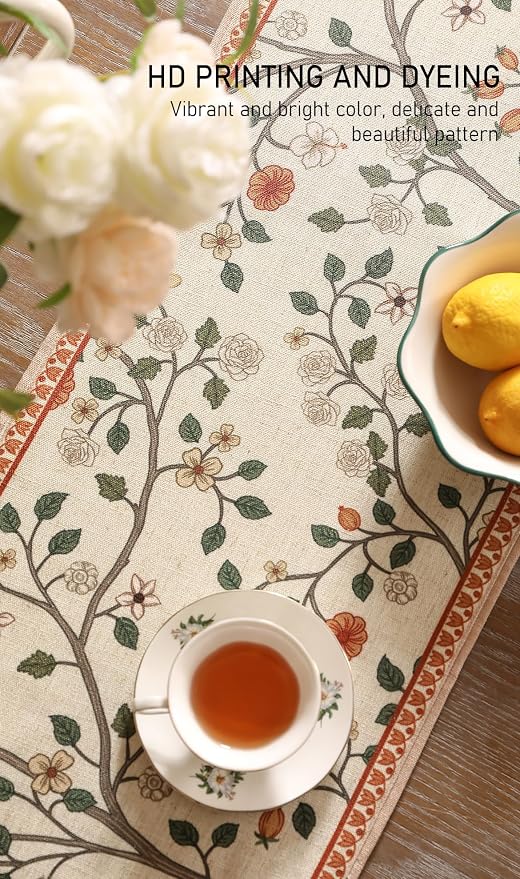 Designer French Linen Long Table Runner, Floral Pattern, Dining Table, Kitchen - Image 4