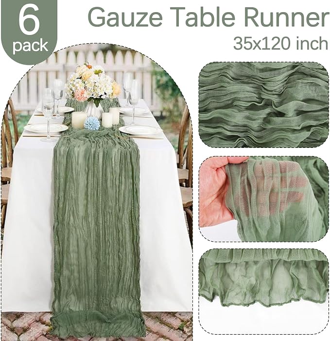 6 Pack Sage Green Cheesecloth Table Runner 35 x 120 Inch | Boho Gauze Fabric - Image 3
