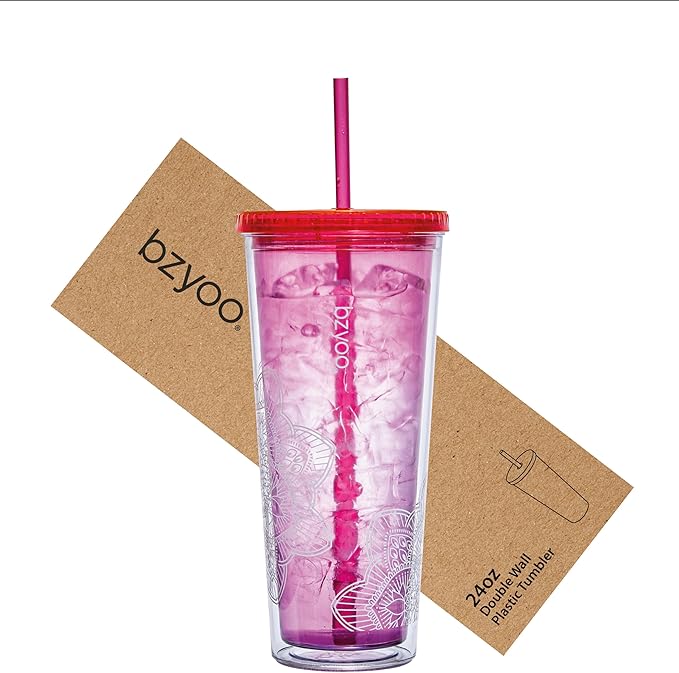 bzyoo 24oz Plastic Tumbler Cup, Lid & Straw, Iced Coffee, Mandala Pink by bzyoo