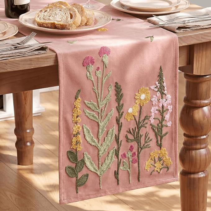 Artoid Mode Pink Soft Chain Embroidery Wild Floral Spring Table Runner by ArtoidMode