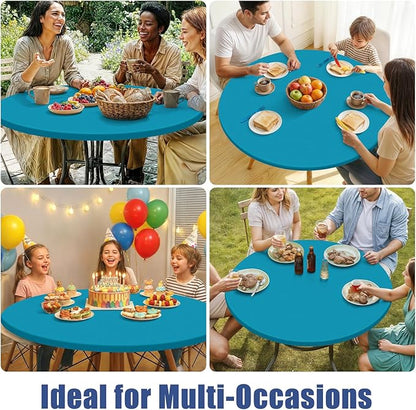 Round Spandex Tablecloth 2 Pack, Elastic Fitted Waterproof Tablecloths for 36"-44" Tables, Stretch Washable Picnic Table Cover for Camping, Dining, Indoor and Outdoor, Turquoise