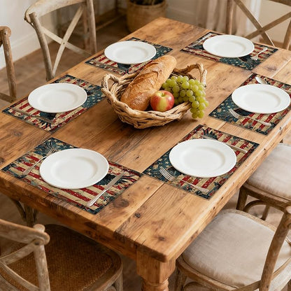 American Flag 12x18 Inch Placemats Set of 6 - Waterproof, Retro Eagle Non-Slip & Washable Table Mats for Kitchen & Dining Table Placemats