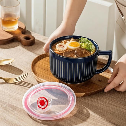 Soup Bowl with Handle & Lid, Jumbo 38oz Microwave Ramen Bowl Vintage Blue | - Image 3