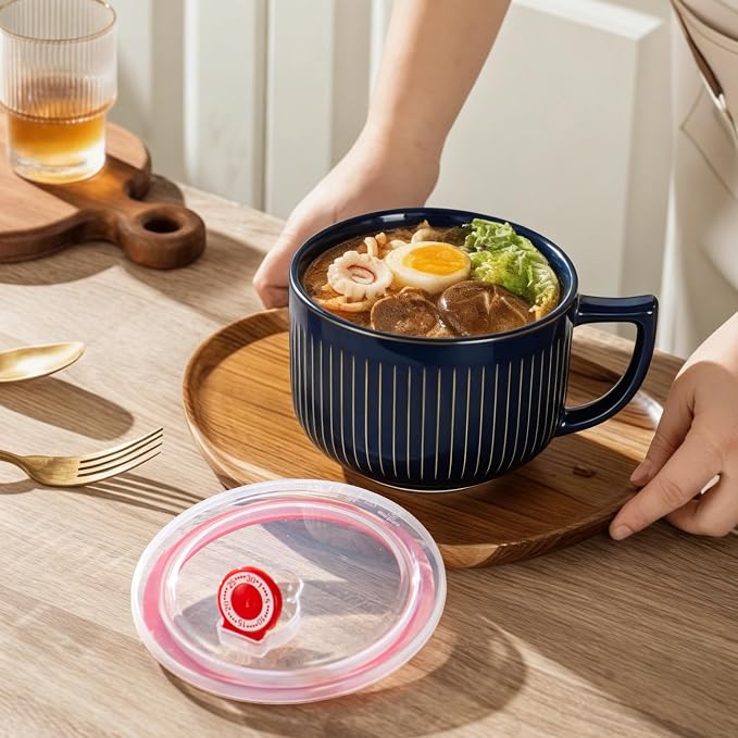 Ceramic Soup Bowl with Handle&Lid, Jumbo 38oz Microwave Ramen Bowl Set of 2 | - Image 3
