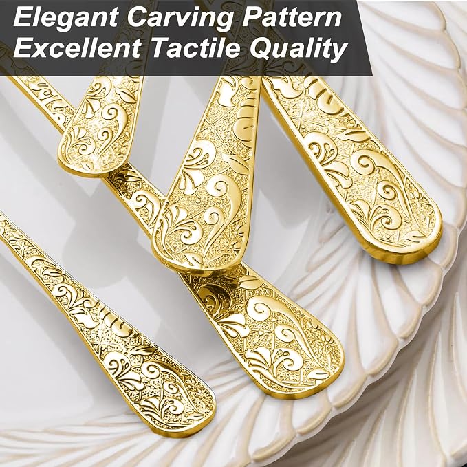 Runfly Vintage Carved Gold Stainless Steel 20-Piece Flatware Set | Silverware - Image 7