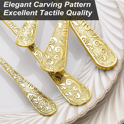 Runfly Vintage Carved Gold Stainless Steel 20-Piece Flatware Set | Silverware - Image 7