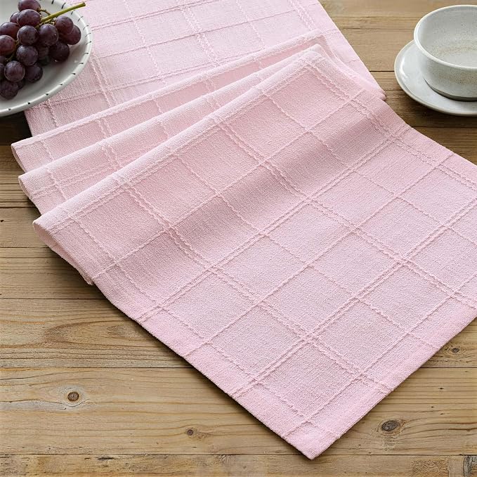 Linen Checked Farmhouse Table Runner, 13x90 Inches Pink | Raised Grid Design by ZEEMARTONLINE