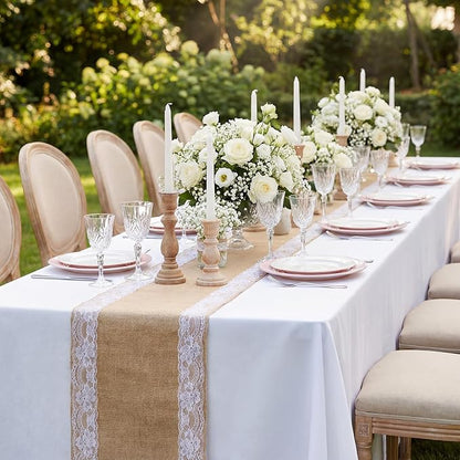Tatuo 12 Pcs Lace Burlap Table Runner 12'' x 72'' Rustic Jute Hessian Farmhouse - Image 4
