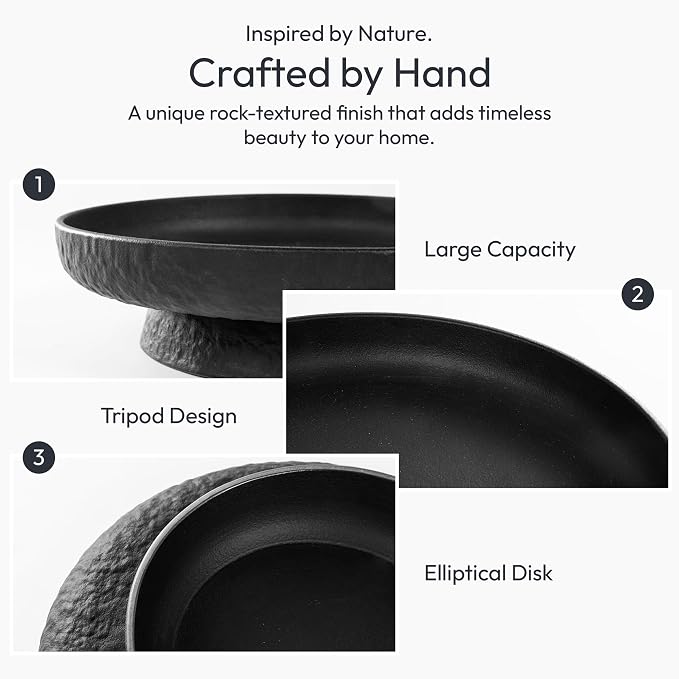 Granite Inspired Matte Black Fruit Bowl | Wide, Shallow Textured Pedestal Bowl - Image 3
