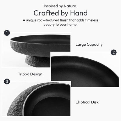 Granite Inspired Matte Black Fruit Bowl | Wide, Shallow Textured Pedestal Bowl - Image 3