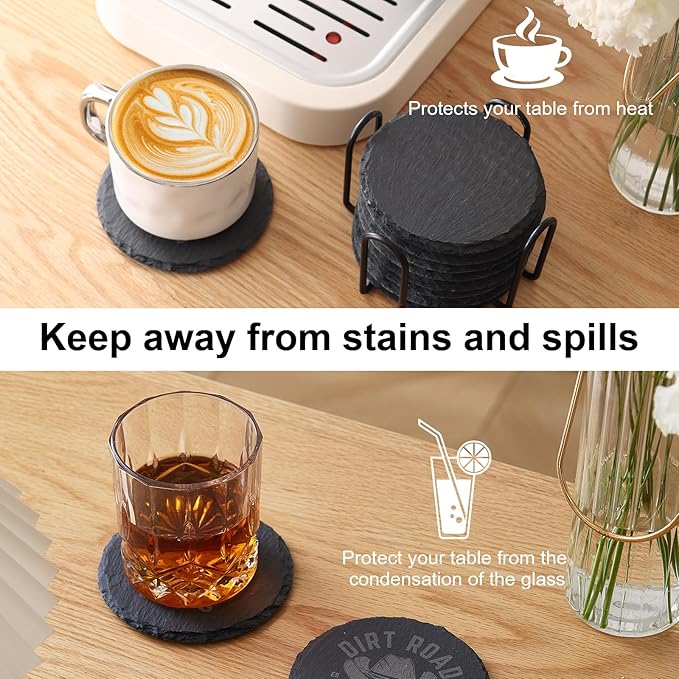 Slate Coasters Set of 72,4-Inch Black Round Stone Drink Coasters with Scratch-Resistant Backing, Durable Tabletop Protection for Home Office Kitchen, Ideal Housewarming Wedding Gifts