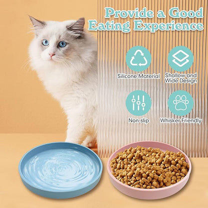 Silicone Cat Food Bowl Shallow Dishes 5.9in Wide Cats Bowls Set of 2 Kitty Plates Relief Whisker Fatigue Puppy Feeding Bowl for Dry Food and Wet Food Indoor (Round Pink)