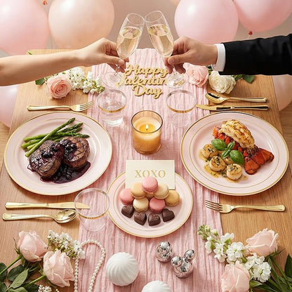 GATHER 350PCS Pink Plastic Plates - Disposable Plastic Dinnerware Set Include 100 Pink Plates, 150 Silverware, 50 Napkins, 50 Cups for Party & Wedding & Valentine's Day
