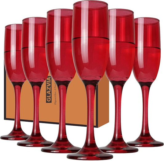 Champagne Flutes Glasses Set of 6-6oz Elegant Red Glass, Unique Red Colored Long Stem Champagne Flute Gift for Wedding, Anniversaries, Parties, Birthday, Restaurant, Home Bar